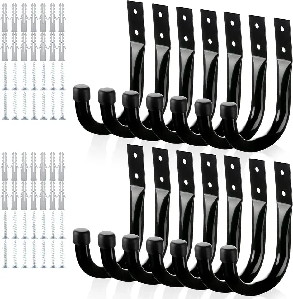 KURUI Large Metal Wall Hooks for Hanging Living Room/Bedroom/Garage, 14Pcs Garage Organization and Storage Hook for Tool Coat Backpack Bag, Black Wall Mount Hanges for Outdoor Indoor