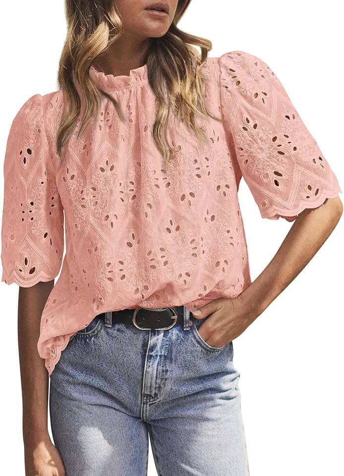 PRETTYGARDEN Women Summer Tops Eyelet Embroidered Shirts