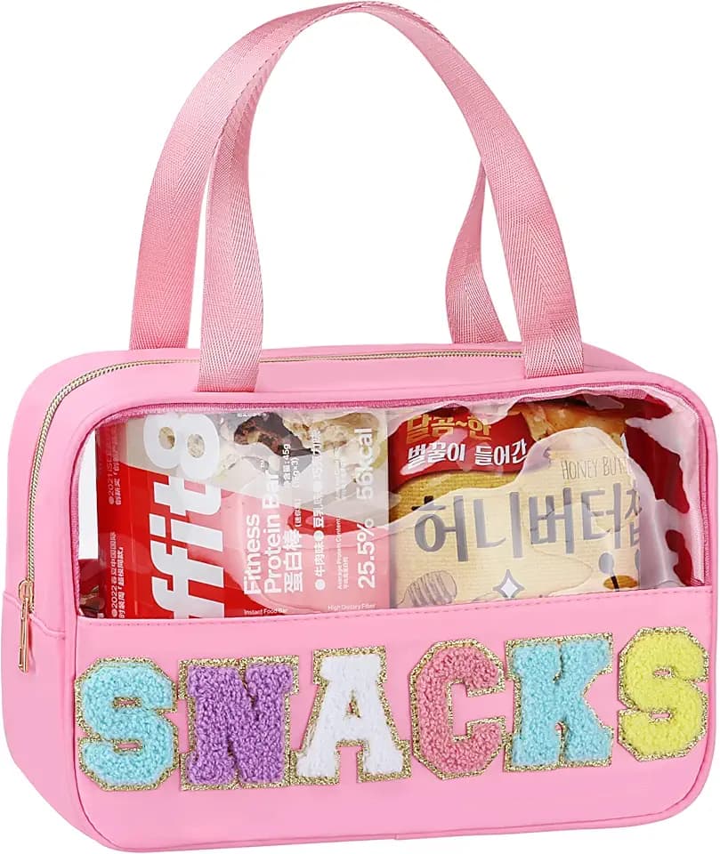 Snack Bag for Travel - Chenille Letter Clear Makeup Bag, Large Preppy Patch Snack Cosmetic Bag with Handle and Zipper, Cute Makeup Pouch Nylon&PVC Waterproof Toiletry Organizer Storage for Women Girls