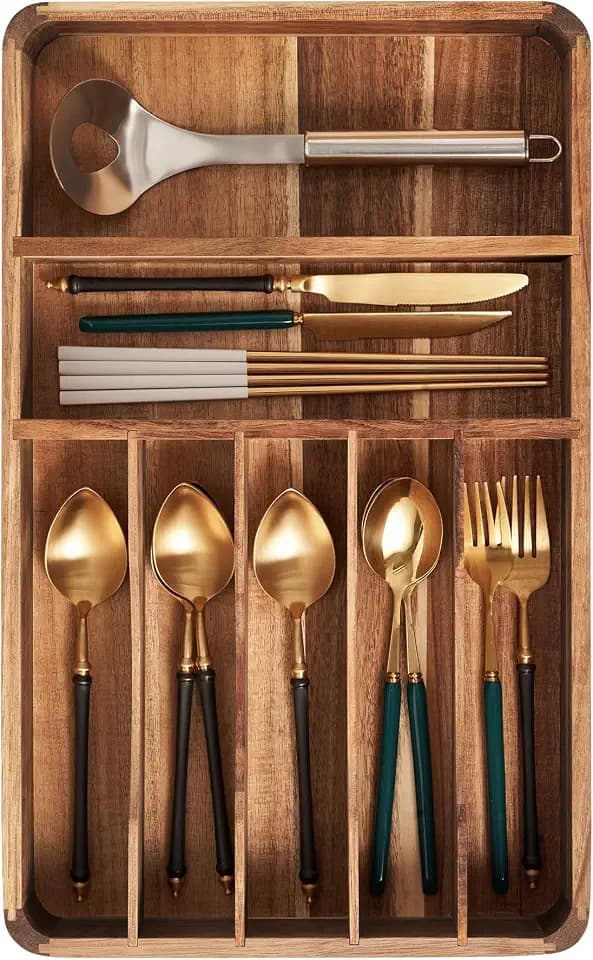 Silverware Drawer Organizer, Acacia Wood Tray for Cutlery & Flatware | 7-Compartment Utensil Holder for Forks & Spoons，17.5"×10.5"×2.7"