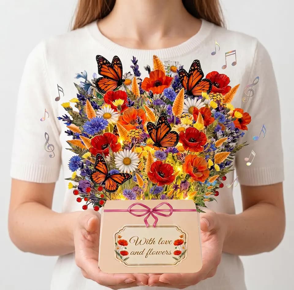 CHEROSIN 3D Pop Up Birthday Cards with Music and Lights, 10 inch Large Light Up Paper Bouquet, Musical Greeting Card with Butterfly & Envelope, Forever Flower Gift for Mom, Wife, Grandma, Sister