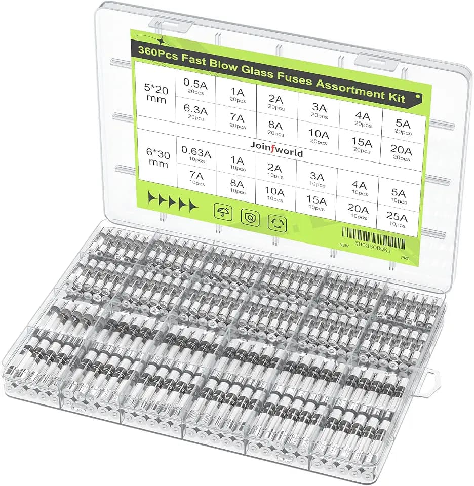 Joinfworld 360Pcs Fast Blow Glass Fuse Assortment Kit 24 Values Automotive Fuses Kit 250V 0.5A 0.63A 1A 2A 3A 4A 5A 6.3A 7A 8A 10A 15A 20A 25A 5x20mm & 6x30mm Glass Fuses