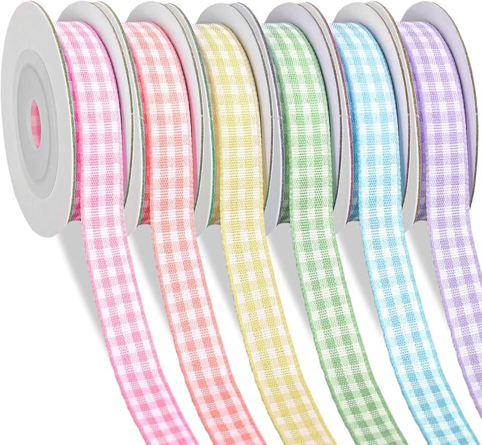 Whaline 6 Rolls Pastel Colorful Gingham Ribbons 60 Yards Spring Easter Plaid Craft Ribbon Checkered Fabric Wrapping Ribbon for Bow Wreath Party Home Decor, 0.4 in
