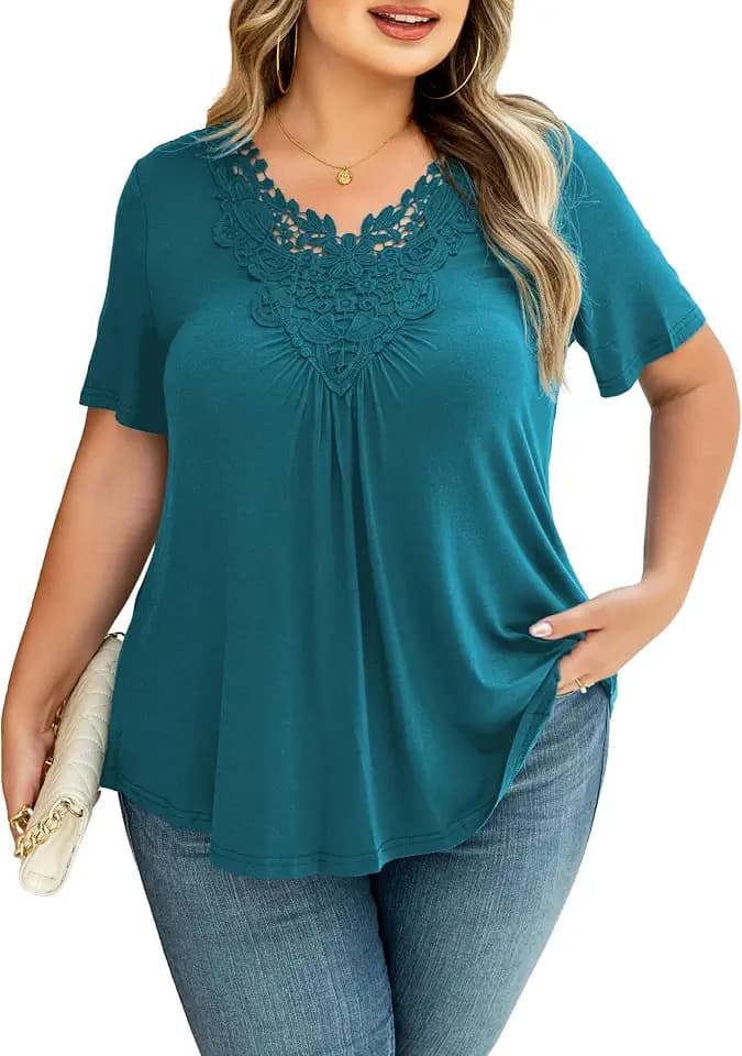 Tralilbee Women's Plus Size Tops Casual Blouse Short Sleeve Lace Crochet Tunic Tops, M-4XL