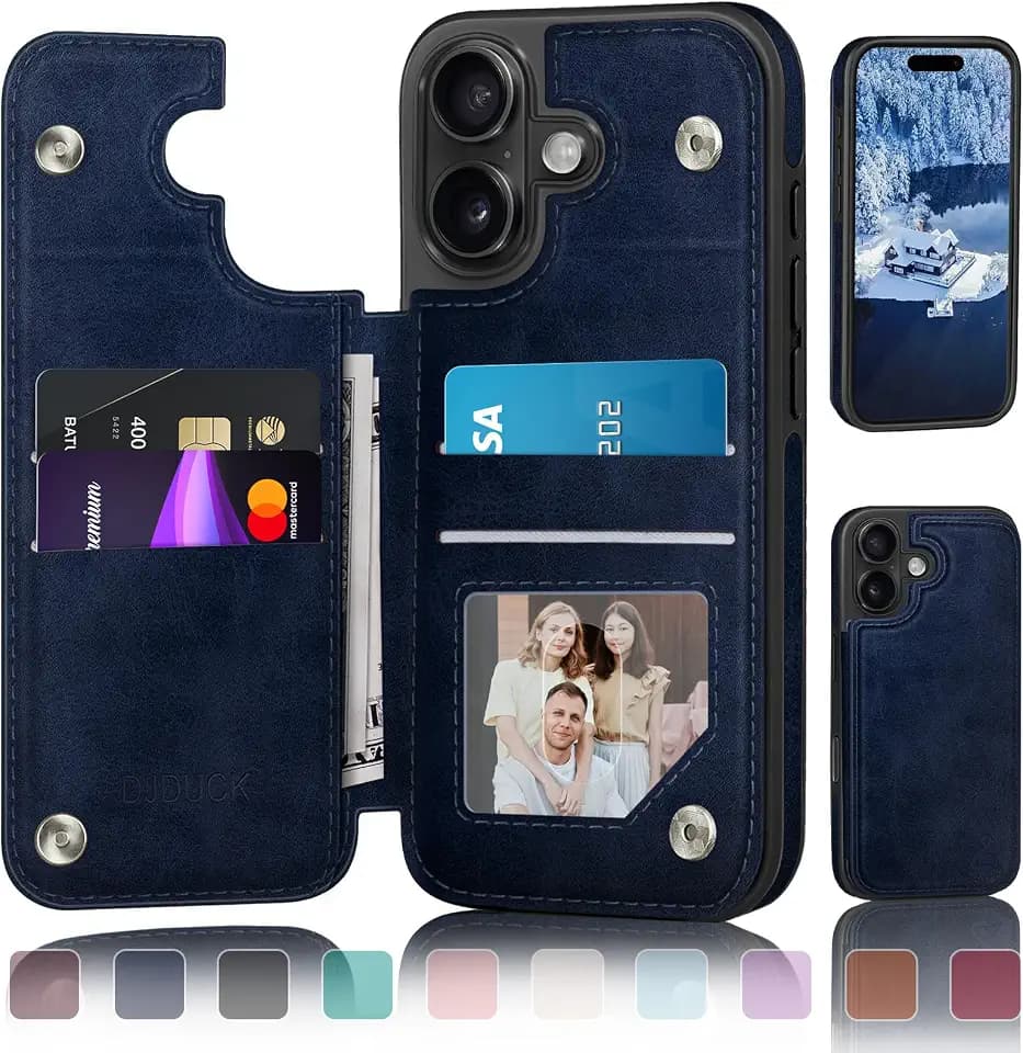 DJDUCK Designed for iPhone 16 Case Wallet with Card Holder, [Magnetic Clasp Cover] [RFID Blocking Leather Protection] Shockproof Women Men Cases 6.1 Inch for Apple 16 Dark Blue