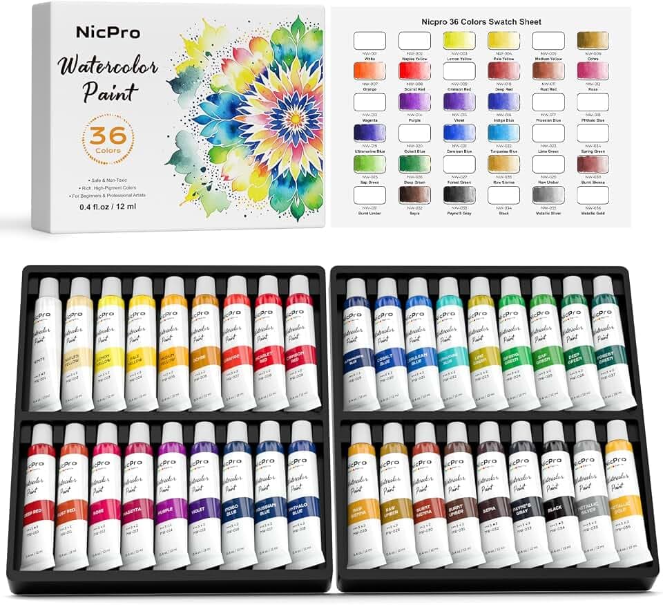 Nicpro Watercolor Paint Set for Adults, 36 Colors Watercolor Paint Tube