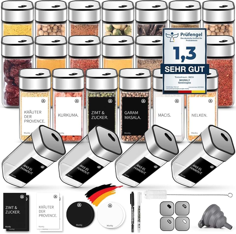 Miorkly Gewürzgläser Eckig mit Drehdeckel - 24 x 120ml - Luftdicht