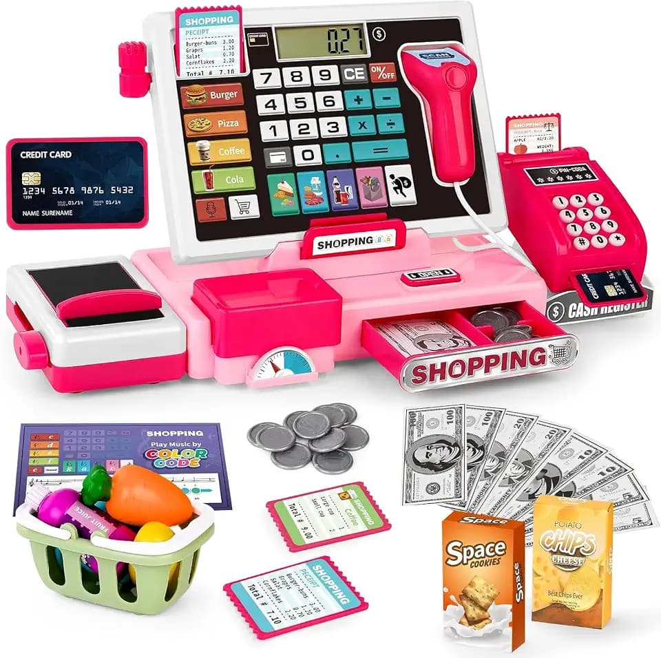 2025 Kinderkasse Registrierkasse Spielzeug Lernspielzeug Set, Geschenk für Kasse Kinder, Kleinkind Prentend Play mit kaufladen zubehör, Taschenrechner Registrierkasse mit Scanner/Kreditkarte(Rosa)