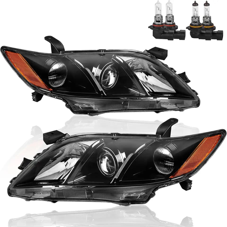 KUIPERAUTO Headlights Assembly Replacement Compatible with 2007 2008 2009 Toyota Camry Halogen with Clear Lens Black Housing Amber Reflector Front Lamps Driver and Passenger Side 8113006201