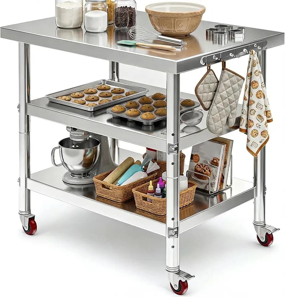 DWVO 36x24in Stainless Steel Table with Wheels & 2 Adjustable Shelves