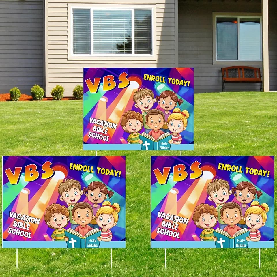 Novabright 3 Set 2026 Vbs Vacation Bible School Yard Sign with Metal Stakes 12" x 16" Double Sided Vbs Yard Signs Enroll Today Lawn Decor for Sunday School Community Church Event Outdoor