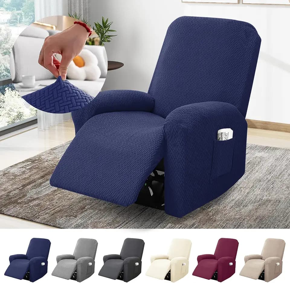 1-Sitzer Sessel Überzug, Sesselbezuge Stretch mit Taschen, All-Inclusive Streifen-Jacquard Sesselschoner für Fernsehsessel Relaxsessel Sesselhusse (Blau, 4-Teilig)