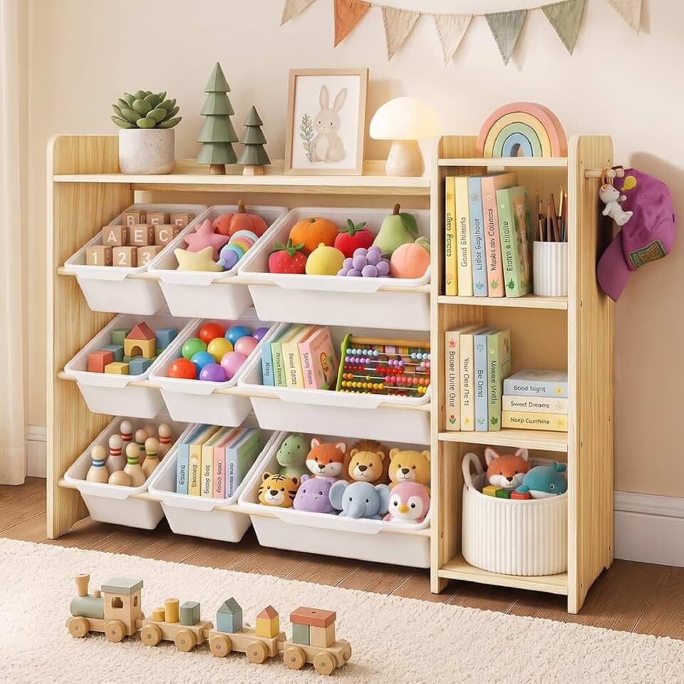 GITAWUSA Kids Toy Storage Organizer, Wooden Shelf with 3 Tiers and 9 Storage Bins, Nursery Room Organizer for Books and Toys, White and Natural Wood