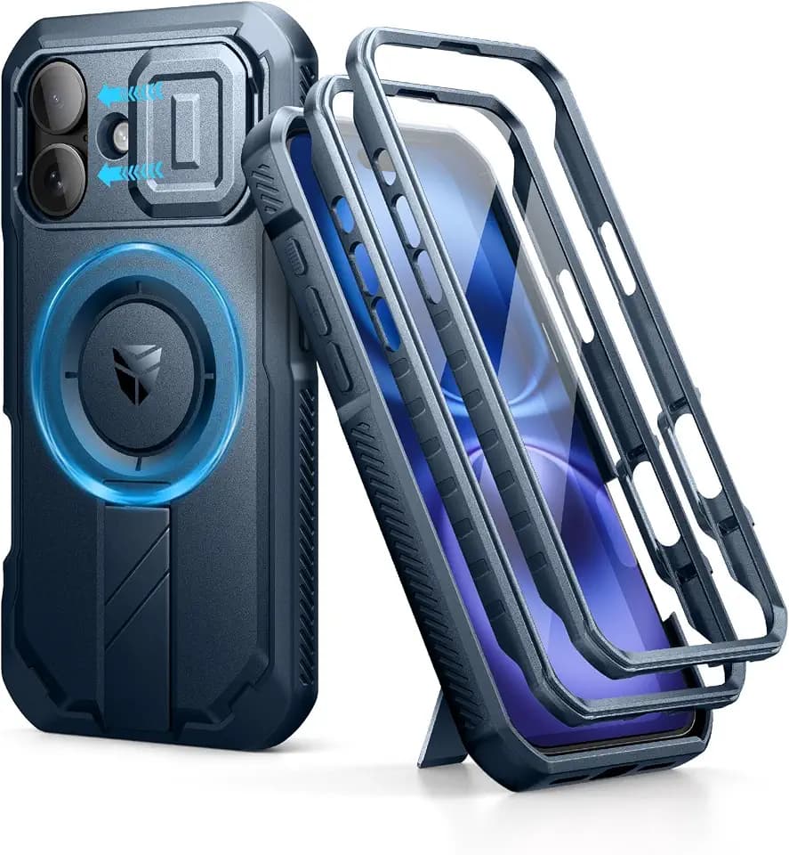 Dexnor for iPhone 16 Case with Slide Camera Cover & Adjustable Kickstand & Built-in Screen Protector,Compatible with MagSafe Shockproof Bumper Cases Heavy-Duty Magnetic Protective Cover,Navy Blue