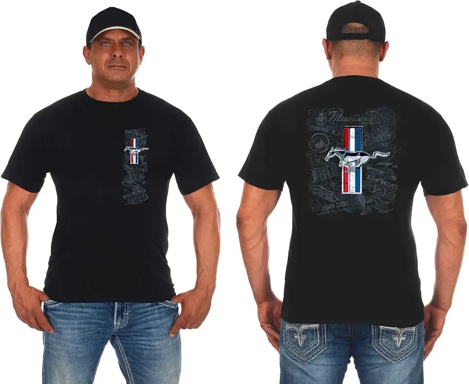 JH DESIGN GROUP Herren Ford Mustang T-Shirt Tri-Bar Pony Distressed Collage Black Shirt