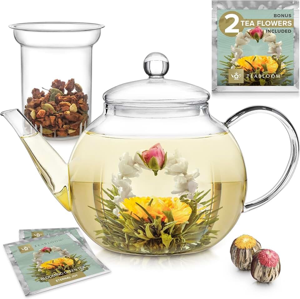 Teekanne Glas mit Herausnehmbarem Teesieb Glas von Teabloom Hitzefest und Mikrowellenbeständig – 2 Teeblumen inklusive – 1,2 Liter Teebereiter