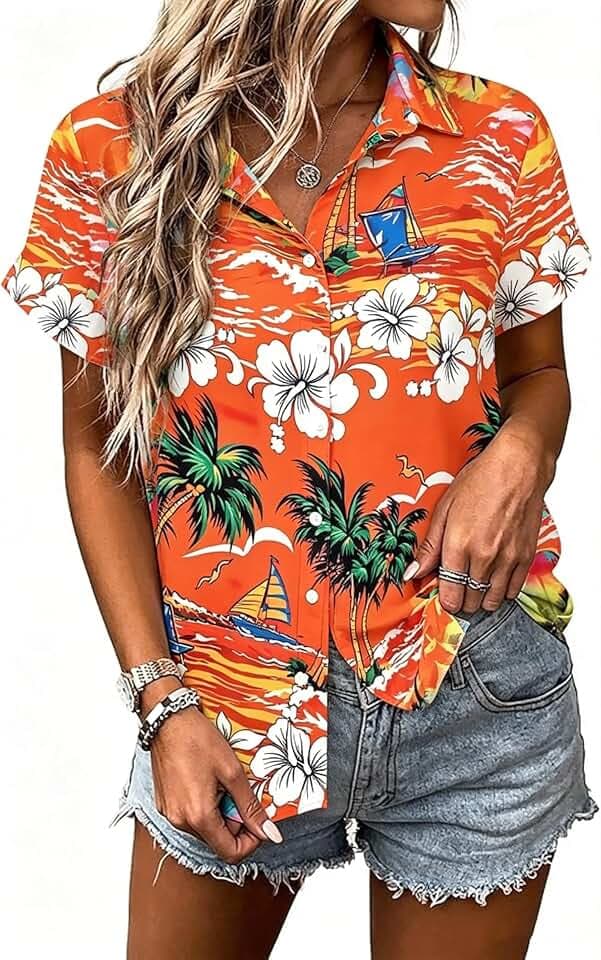 Hawaiian Shirts for Women Hawaii Tropical Button Down Tops Summer Beach Vacation Outfits Floral Short Sleeve Blouses