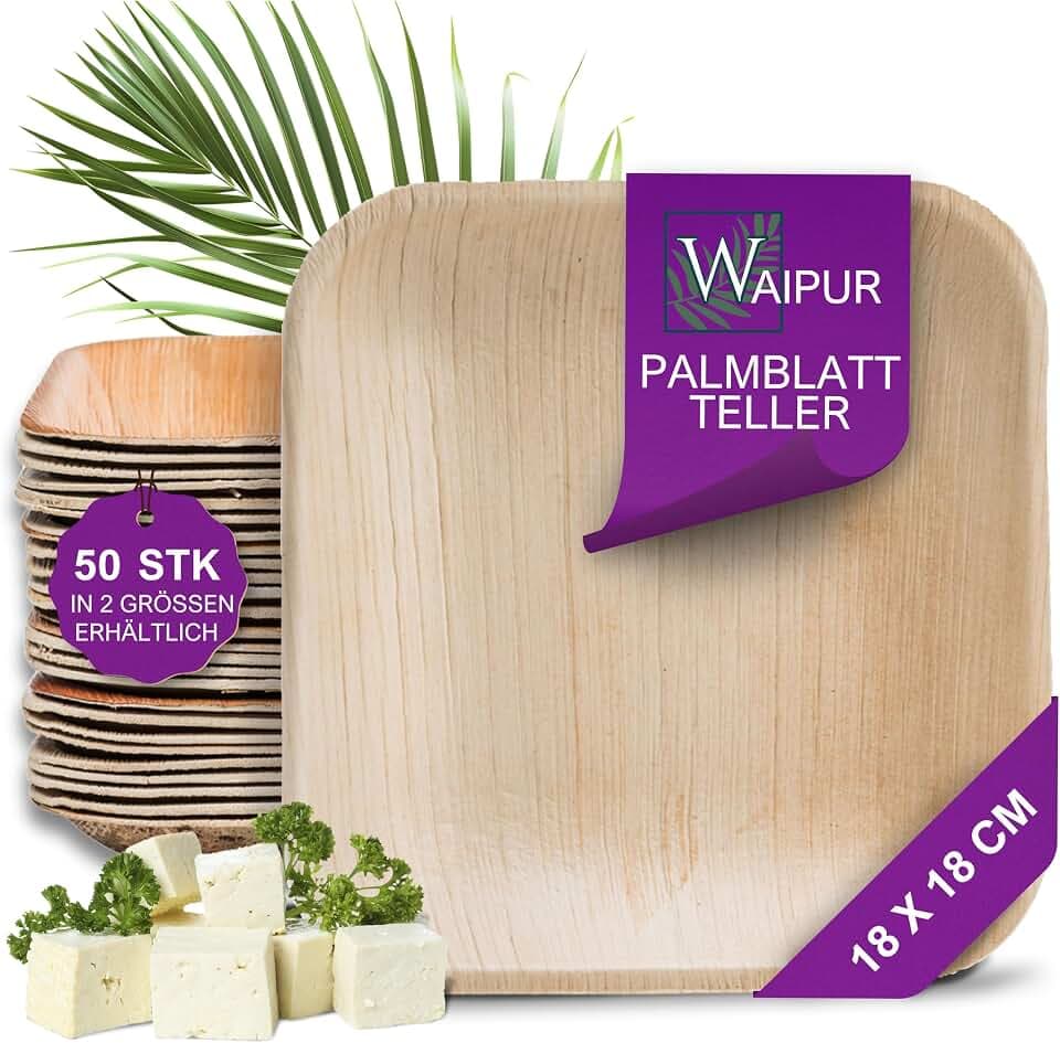 Palmblatt Geschirr - 50 Teller eckig 18x18 cm - stabil & plastikfrei