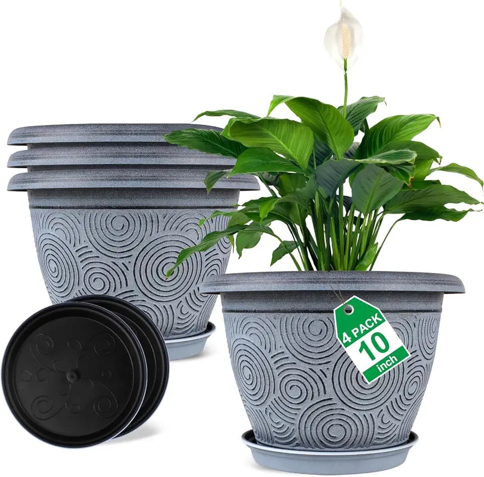 Fodetyff 10 Inch Flower Pots Planters for Indoor Outdoor Plants, 4 Pack Plastic Large Plant Pots with Drainage Hole & Tray, Modern Decorative Garden Pot with Saucer, Plant Container for House