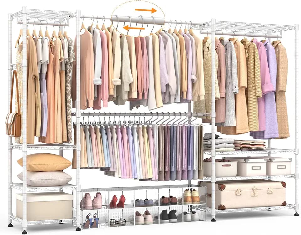 Homdox Heavy Duty Garment Rack, Expandable Freestanding Closet Organizer with 4 Hanging Rods, 8 Adjustable Wire Shelves, Clothes Rack for Bedroom, Walk-in Closet, 71.7-94" W x 15.7" D x 78" H, White