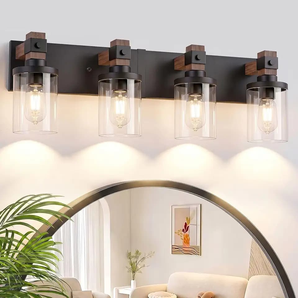 4-Light Farmhouse Bathroom Vanity Light Fixtures, Rustic Wood Over Mirror