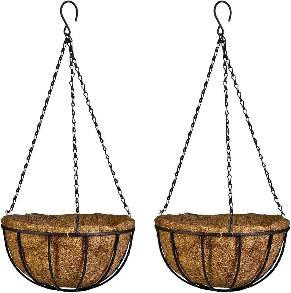 Kingbuy 8" Metal Hanging Basket for Small Succulents & Herbs – 5" Depth Rust-Resistant Wire with Coconut Liner & Chain for Kitchen Window, Balcony & Small Spaces - 2 Pack