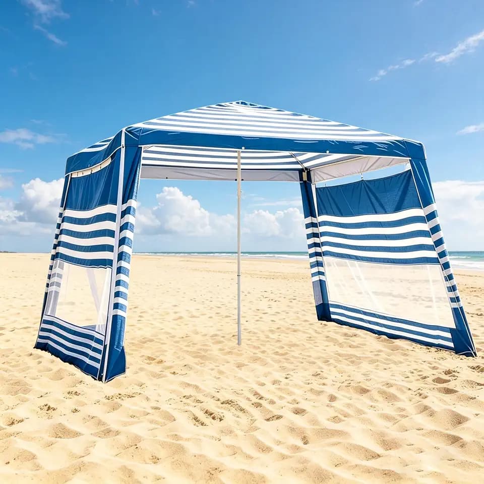 NORTHSKY Beach Cabana 8'×8' with Side Wall, Easy Setup Beach Canopy, UPF 50+ Sun Protection & Cup Holder, Adjustable-Height Beach Tent for Family, Blue & White Stripes