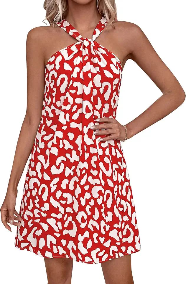 PRETTYGARDEN Womens 2026 Summer Halter Mini Dress Sleeveless Boho Floral Short Sundress Casual Flowy Beach Dresses