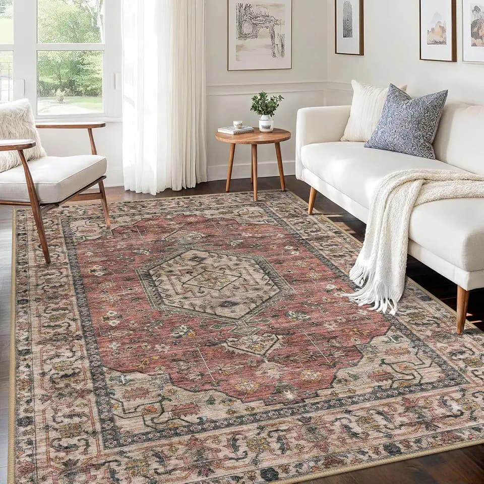 KUTA Vintage Area Rug 5x7 Terracotta Pink Washable Rugs for Living Room
