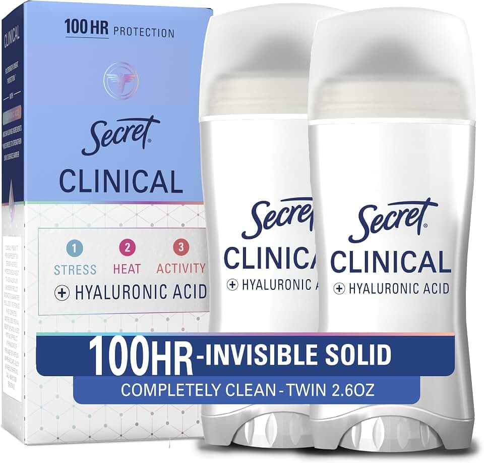 Secret Clinical Strength 100HR Sweat & Odor, Completely Clean Invisible Solid Antiperspirant Deodorant for Women, 3X Stress Protection with Hyaluronic Acid, Completely Clean Scent, 2.6 oz (Pack of 2)