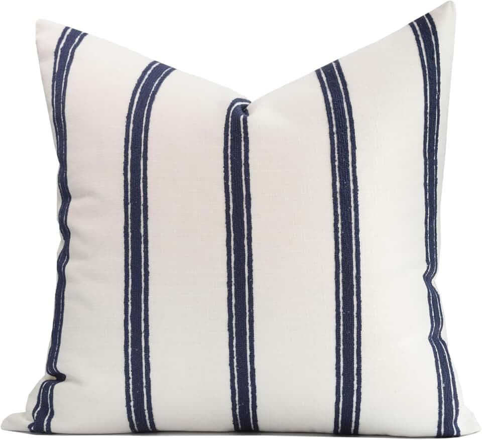 Crumbs Home Coastal Linen Indoor Outdoor Throw Pillow Cover Only, 22"x22" Water Repellent for Patio, Backyard, Couch, Neutral Dark Navy Embroidered Stripes