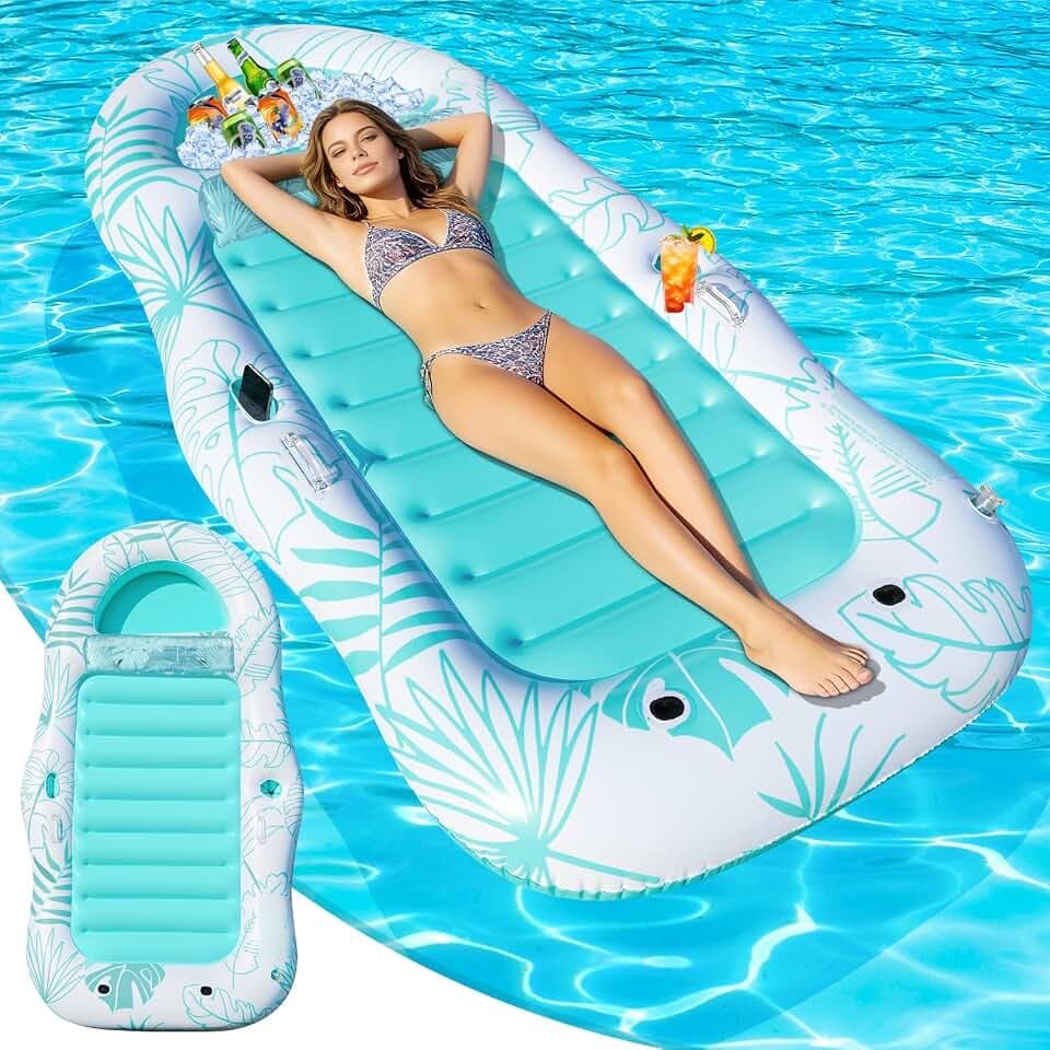 Inflatable Pool Floats Adult, 87"x 47" Large Pool Lounger Float with Storage Cooler for Pets, 2 in 1 Tanning Pool Floaties w/Cup Holders & Headrest for Backyard, Beach & Lake Water Party Toy