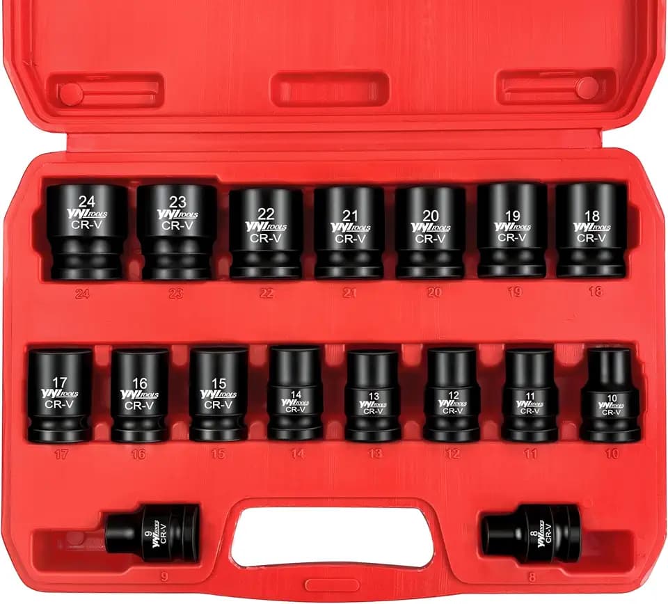 YIYITOOLS 17‑Piece 1/2" Drive Shallow Impact Socket Set, Metric 8‑24mm