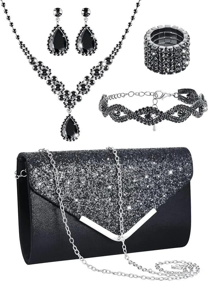 Henoyso 5 Pcs Rhinestone Jewelry Sets Prom Purse Jewelry Rhinestone Clutch Purse Bride Necklace Earrings Bracelets for Women
