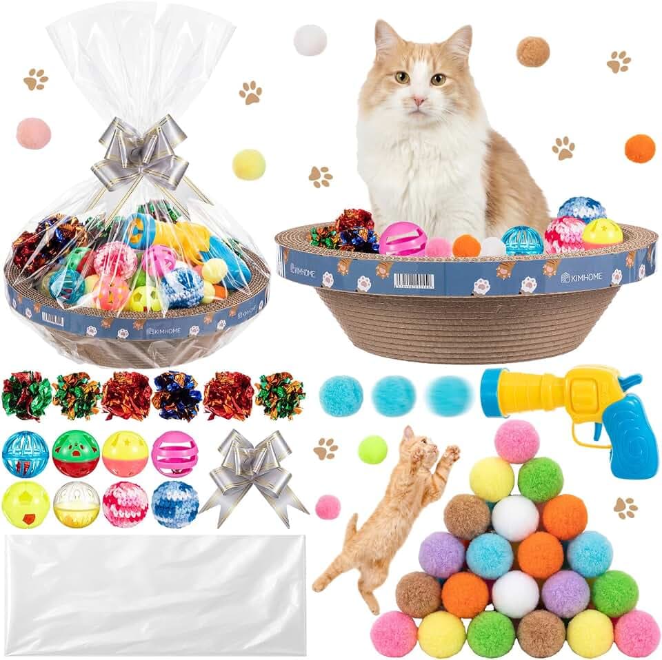 Zopeal 64 Pcs Easter Cat Toy Gift Set Magic Cat Scratcher Board Ball Launcher Gun Crinkle and Yarn and Plastic Bell Ball Kitten Toy with Bow for Pet Interactive Engaging Gift(Bowl Shape)