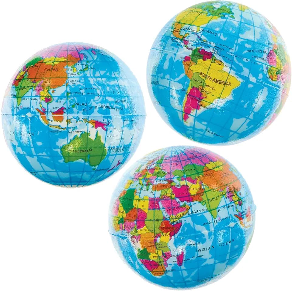 Baker Ross FN050 Globus Squeeze Stressbälle, 5er-Pack, weiche Spielbälle, Sensorik und Stressspielzeug, Partytüten Füller
