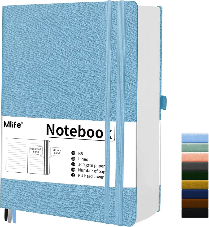 Mlife Notizbuch B5 Liniert,300 Seiten Und 100g/M² Tintenfestes Papier,PU Hard Cover Notebook,Hardcover Collegebloc,Tagebuch für Erwachsene,Notizbücher Mit Falttasche für Bullet Journal(Hellblau)