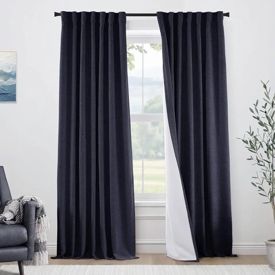 Navy Blue Linen Blackout Curtains, Thermal Insulated Curtains for Bedroom Musculine Mens Office, Nautical Heat Light Blocking Curtain Drapes for Living Room 84 Inch Length 2 Panels Set