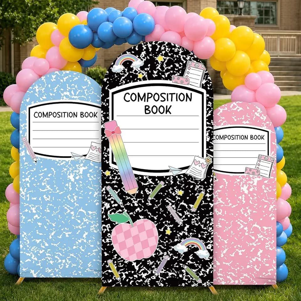 Back to School Arch Backdrop Covers 4ft 5ft 6ft Colorful Composition Notebook Stretchy Stand Spandex Arch Cover Background for Kid First Day of School for Kindergarten Party Decorations Supplies