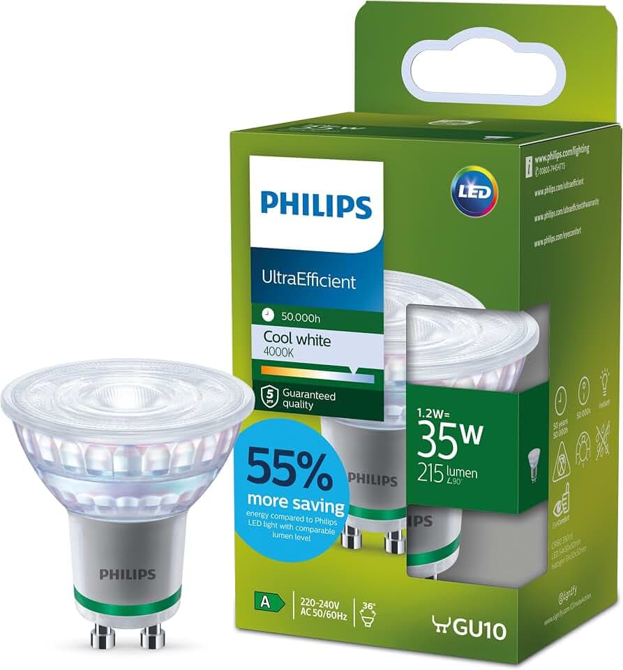 PHILIPS UltraEfficient LED GU10 Spotlampe, 35W, EyeComfort, flimmerfrei, Kaltweißes Licht 4000K, 215 Lumen, GU10 Sockel, 1er Pack