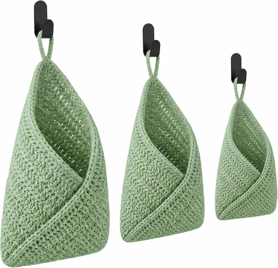 Honeydak 3 Hanging Baskets, Sage Green, Cotton Rope