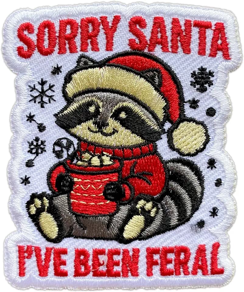 Sorry Santa I've Been Feral Patch, Size 3 Inches Iron On Embroidery Patches for Hats Clothes Backpacks Jeans, DIY Sew On Patches, Fabic Patches, Christmas Raccoon Patch, Gift for Boys Girls