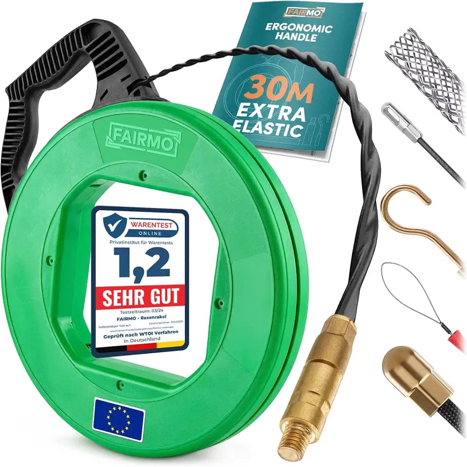 Die durchdachte Einziehspirale 30M für Leerrohre von FAIRMO - 4mm PET Zugdraht inkl. 5 Adapter - Kabeleinziehhilfe bruchsicher zum Ziehen - Einziehfeder für effektives Arbeiten - Einzugshilfe Kabel