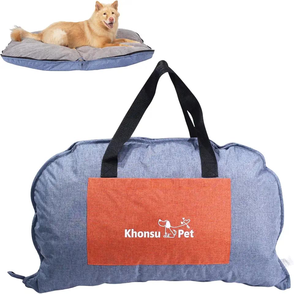Portable Foldable Dog Bed for Travel Camping and Outdoor Dog Mat with Waterproof Cover& Fluffy Lining- Easy Clean, Durable - M (Denim Blue)