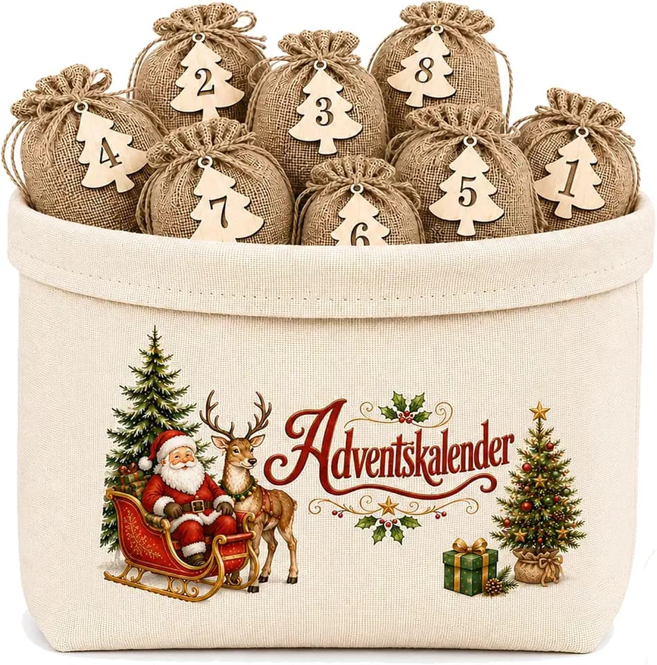 Adventskalender 2026 Set Mit Stoffkorb 24 Säckchen Und Holzanhängern