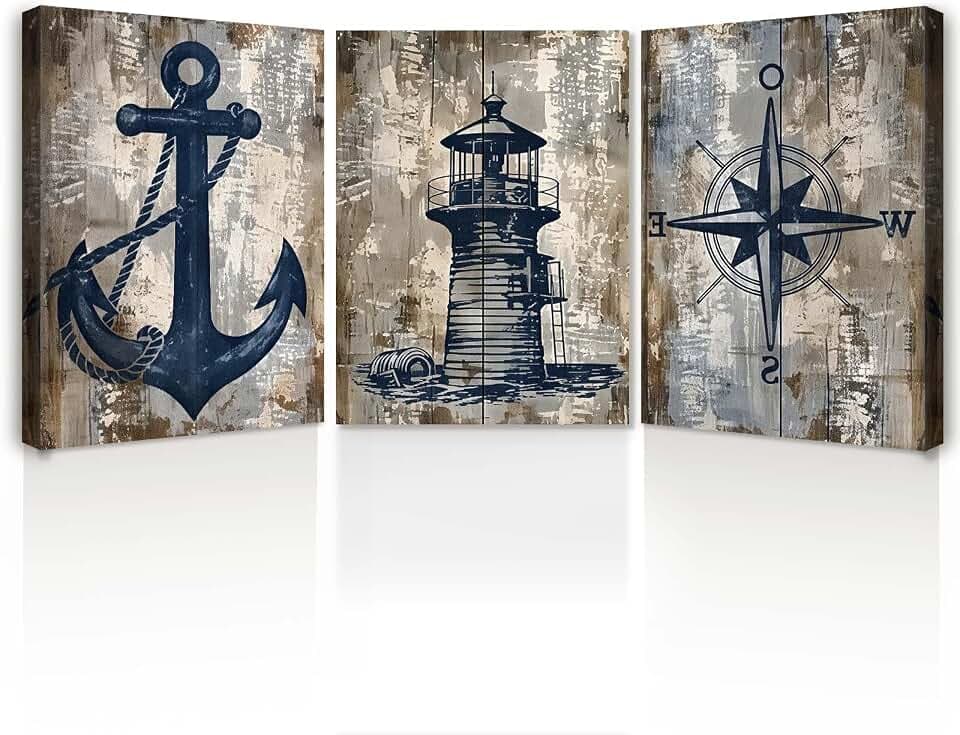 3er Set Leinwand Bilder mit Rahmen – Maritime Wandbilder mit Anker, Leuchtturm & Kompass, Kunstdruck auf Leinwand für Wohnzimmer, Schlafzimmer, Flur – Wanddeko Modern mit Haken Magic Tape 30x40 cm
