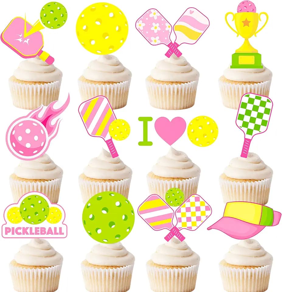 48Pcs Pickleball Theme Cupcake Toppers Pickleball Birthday Party Decorations for Girls Women Pink Pickleball Party Cake Cupcake Decorations for Sport Theme Birthday Party Baby Shower Supplies