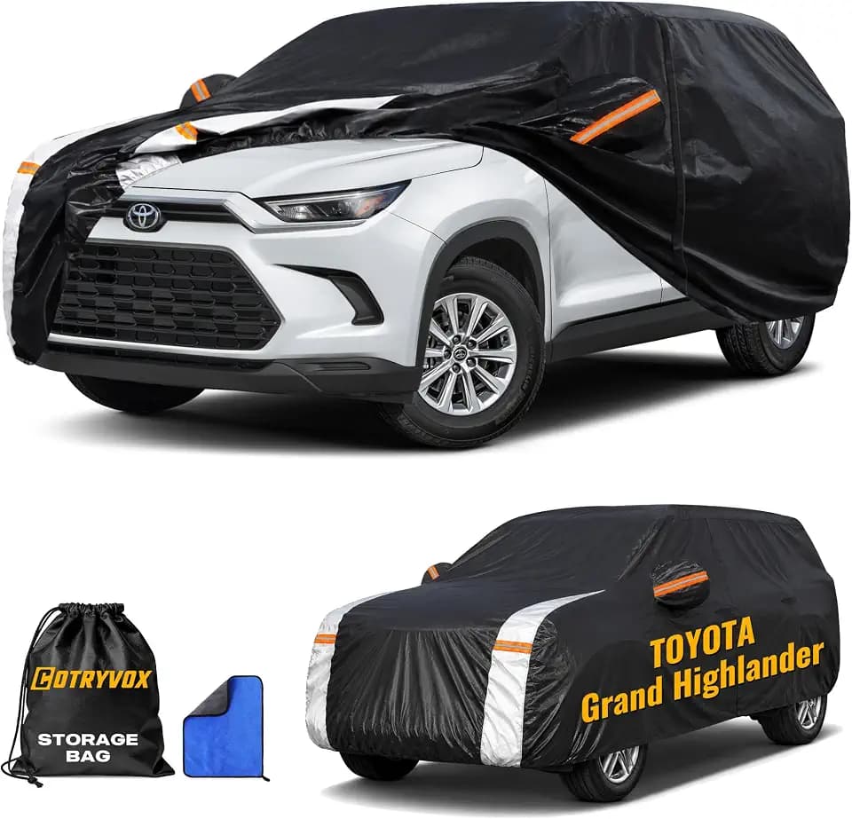 Multi-Layer Car Cover Custom Fit for Toyota Grand Highlander(2013-2026), 100% Waterproof All Weather for Automobiles, Gift with Towel, Heavy Duty Car Covers for Rain Sun UV Protection With Door Zipper