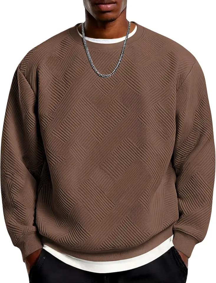 COOFANDY Men's Crewneck Sweatshirts Geometric Texture Casual Long Sleeve Pullovers Solid Color Lightweight Pullover Tops