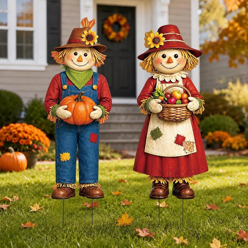 2Pcs Large Metal Fall Decor Outdoor Scarecrow Yard Sign Stakes